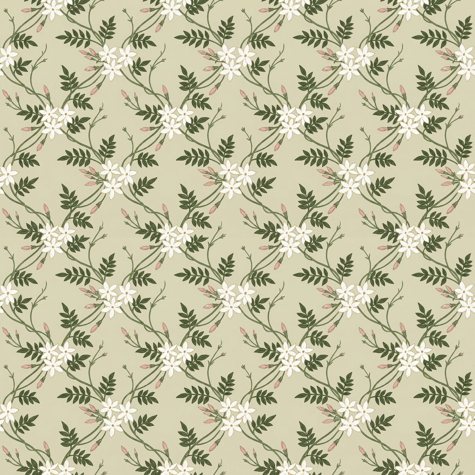A delicate trailing jasmine pattern in soft sage, jasmine white, and stem green. Made to order for a perfect fit.