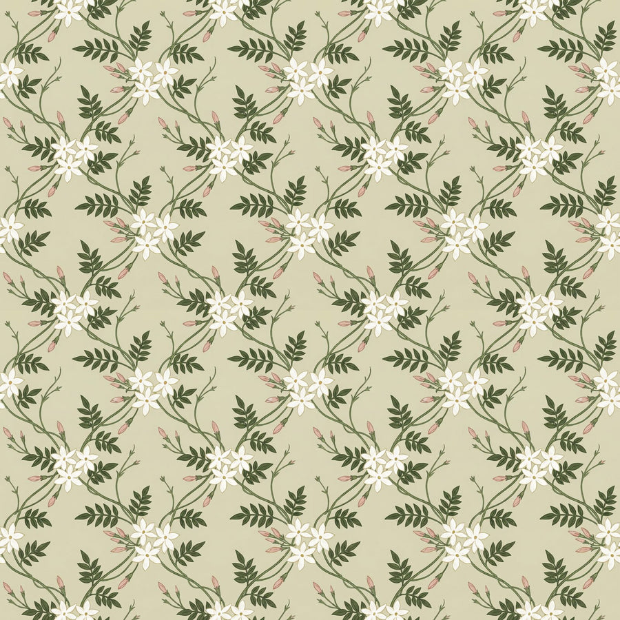 A delicate trailing jasmine pattern in soft sage, jasmine white, and stem green. Made to order for a perfect fit.