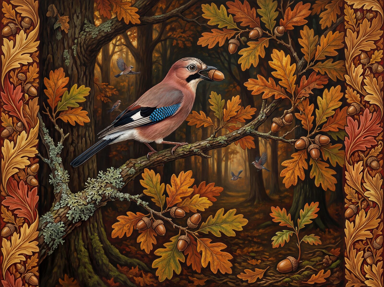 Experience an autumn oak wood with a vibrant jay among golden leaves and acorns. Rich browns, blues, and golds. Made to order.