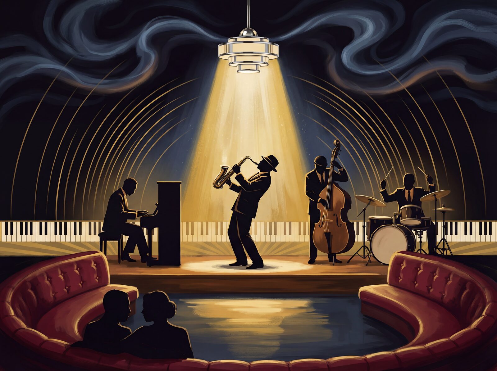 Immersive jazz club scene with Club Darkness, Stage Gold, and Velvet Red. Made to order.