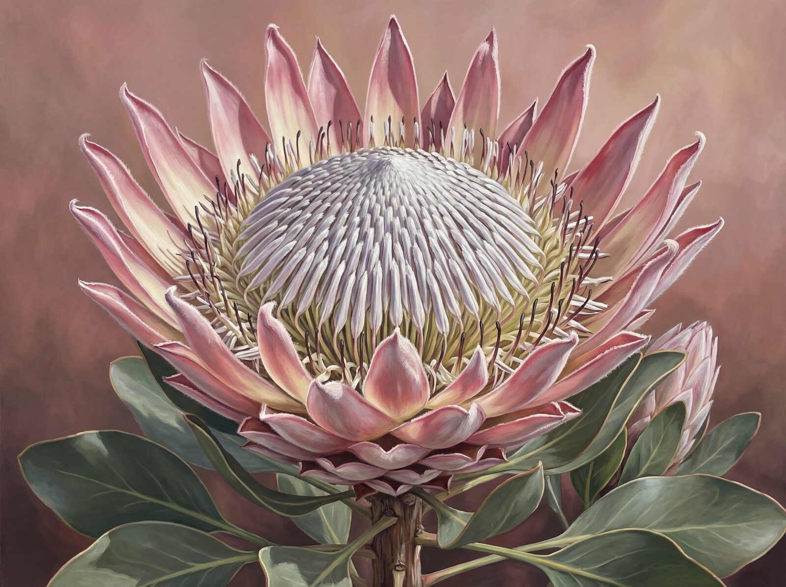 Experience the regal beauty of a magnified King Protea. Featuring soft pinks, silvery florets, and deep greens. Made to order.