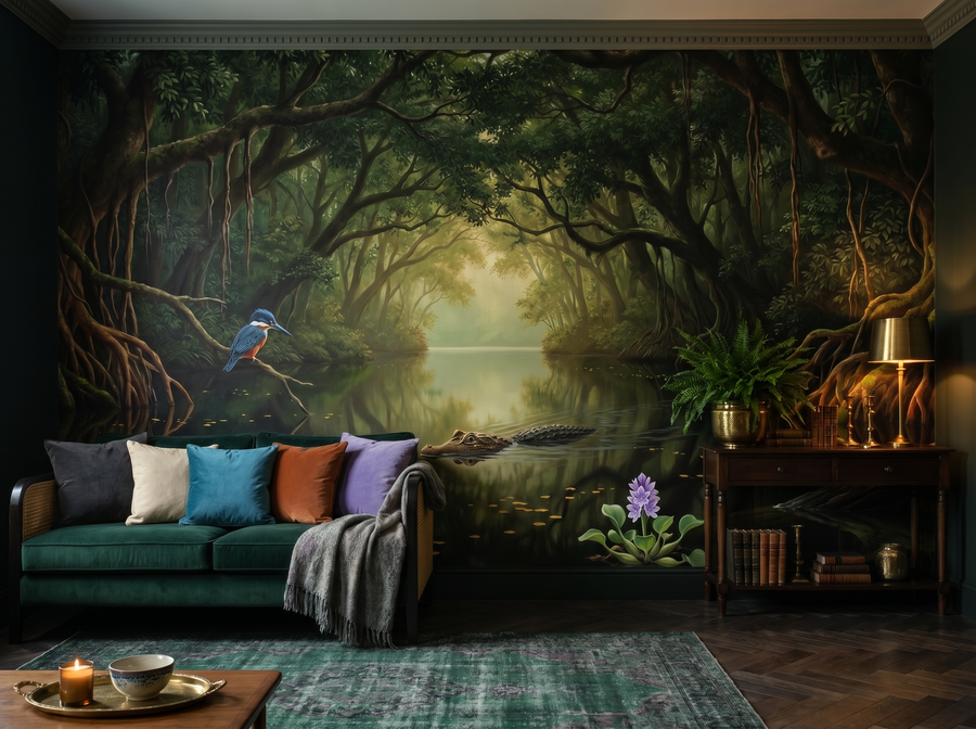 #684 Jungle River scenic wallpaper mural on the feature wall of a tropical living room, in a moody black-and-charcoal palette — The Wall Shawl.
