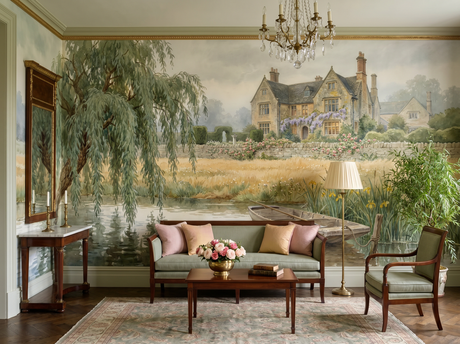 Kelmscott Manor scenic wallpaper mural on the feature wall of an English-country study, in a soft grey palette — The Wall Shawl.