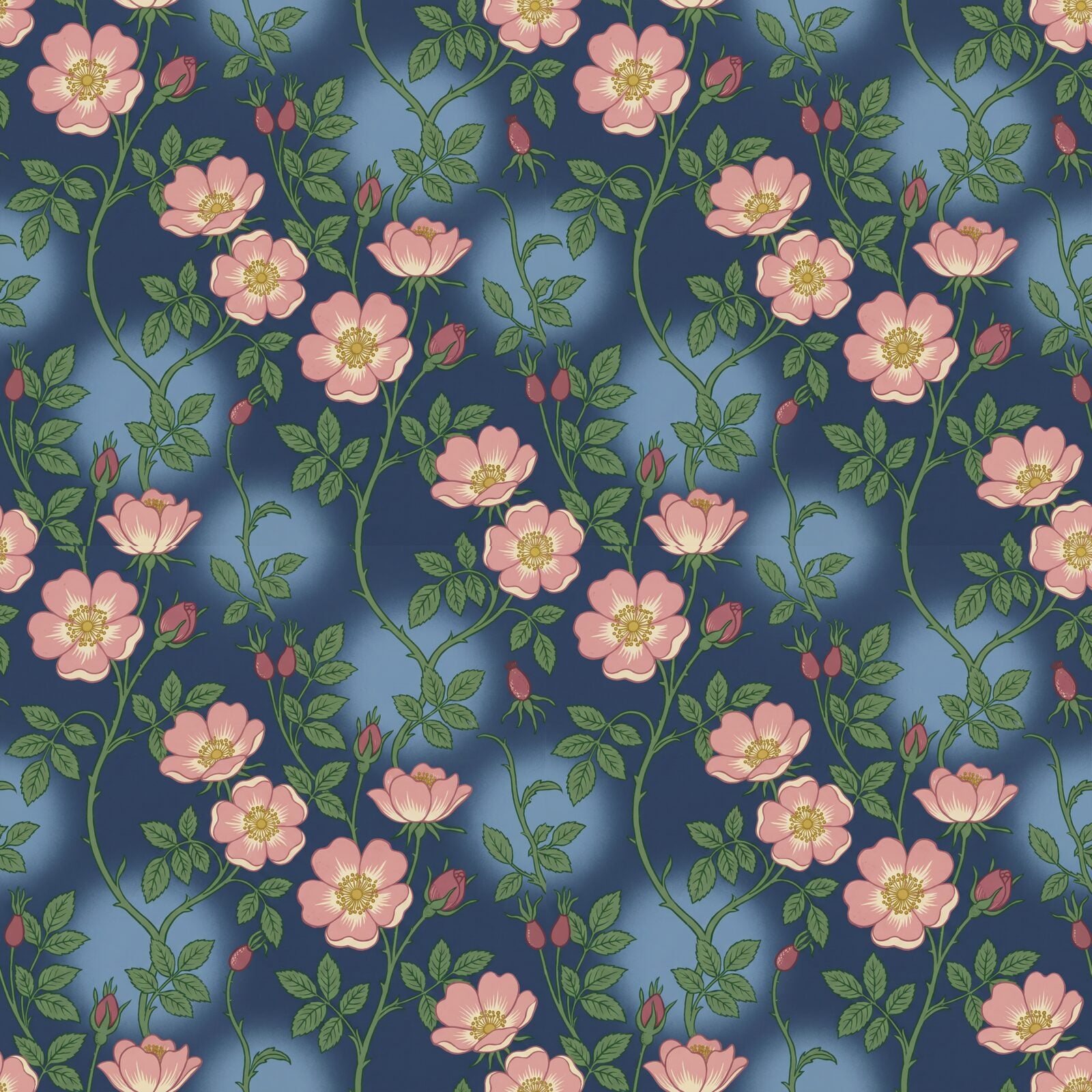 Immerse yourself in a vibrant indigo-ground design with dog-rose pinks and lush greens. Made to order.