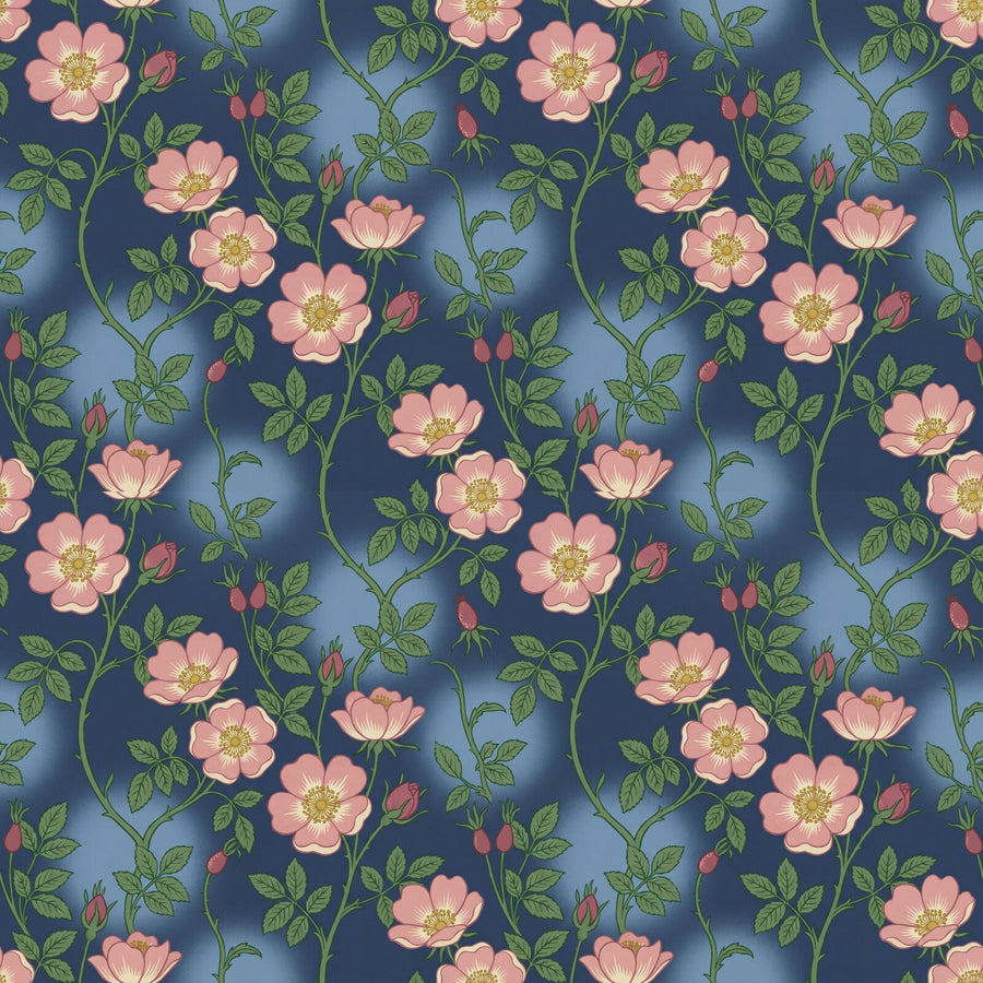 Immerse yourself in a vibrant indigo-ground design with dog-rose pinks and lush greens. Made to order.