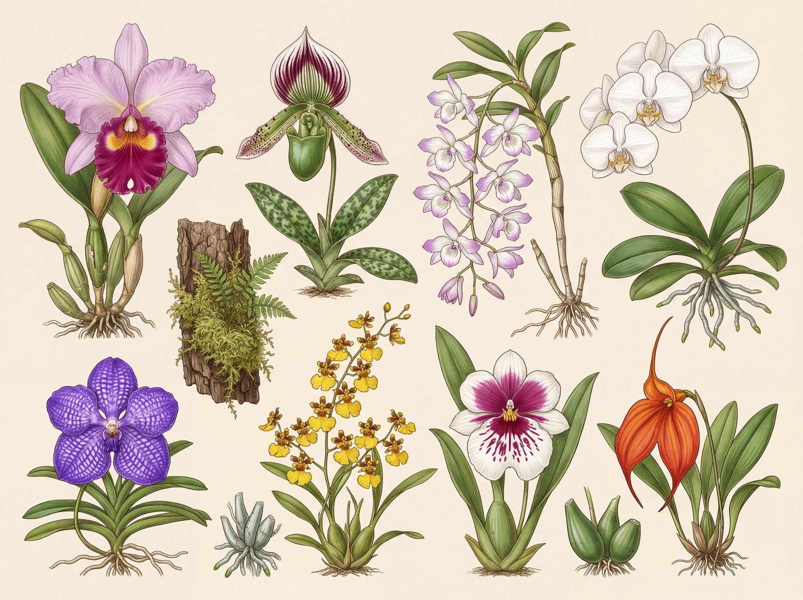 Explore the exquisite Kew Orchid Collection mural wallpaper, a scholarly botanical study with magenta, violet, gold, and jade-green. Made to order.