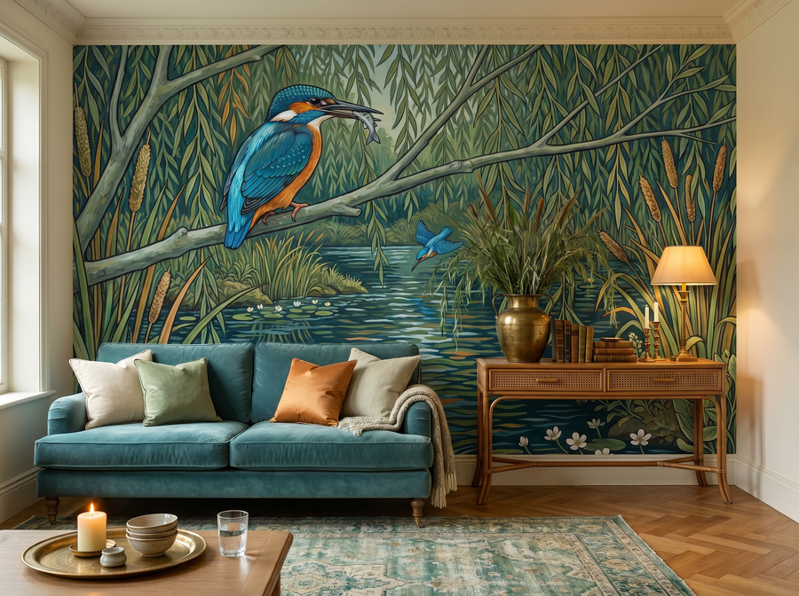 Kingfisher Perch scenic wallpaper mural on the feature wall of an English-country study, in a moody black-and-charcoal palette — The Wall Shawl.