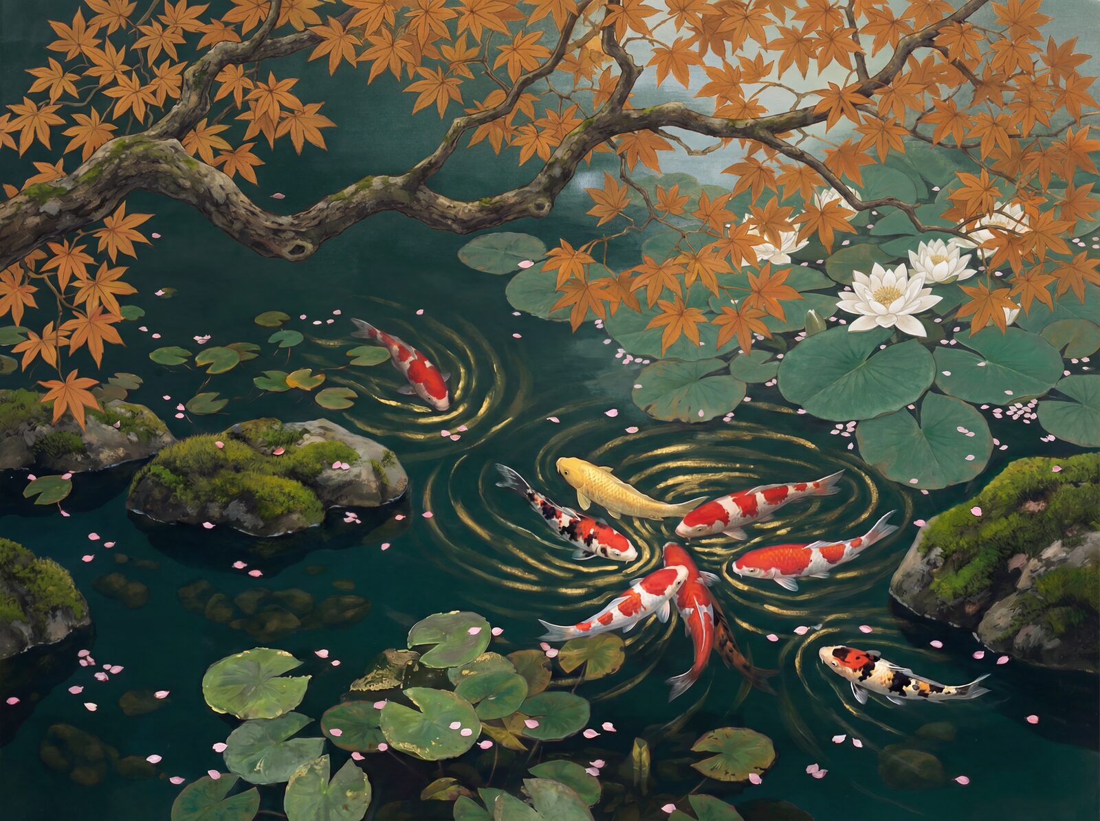 Scenic mural wallpaper featuring a koi pond with Deep Pond, Koi Vermilion, and Imperial Gold hues. Made to order.