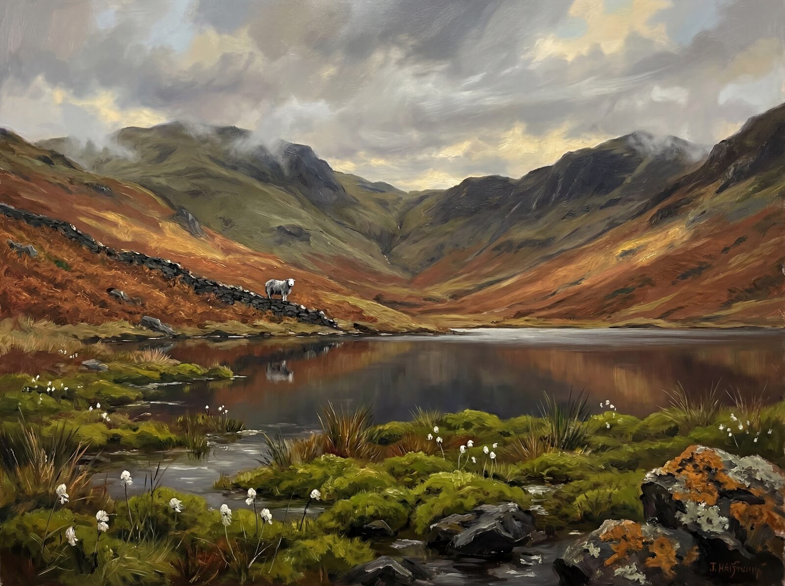Scenic mural wallpaper featuring autumnal hues of Bracken Rust, Fell Green, and Slate Dark. Made to order.