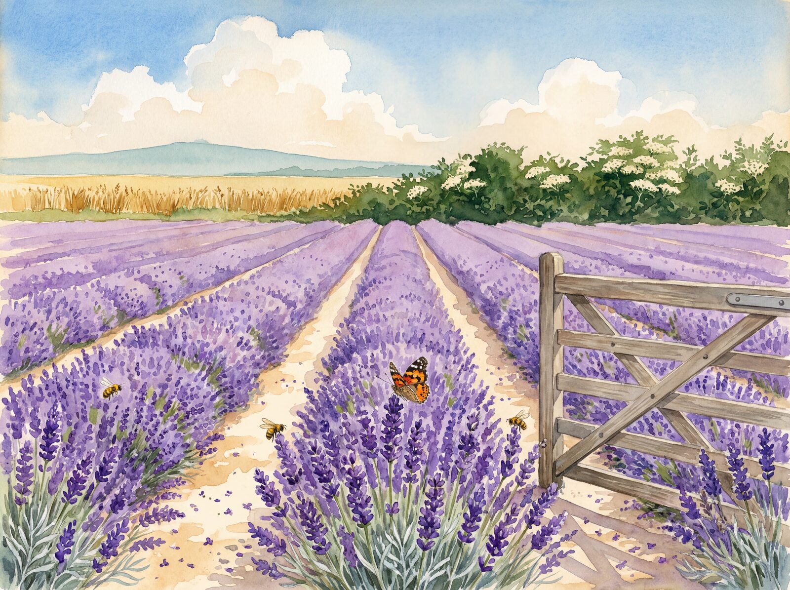 Lavender field mural with purple, silver, and green hues. Made to order.