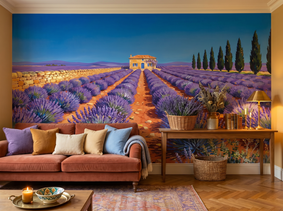 Lavender Rows scenic wallpaper mural on the feature wall of an English-country bedroom, in a golden yellow-and-ochre palette — The Wall Shawl.