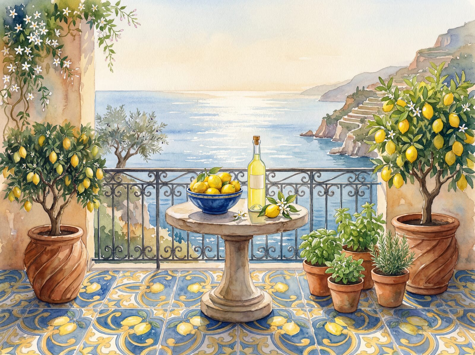 Vibrant Mediterranean scene with lemons, sea, and majolica tiles. Made to order.