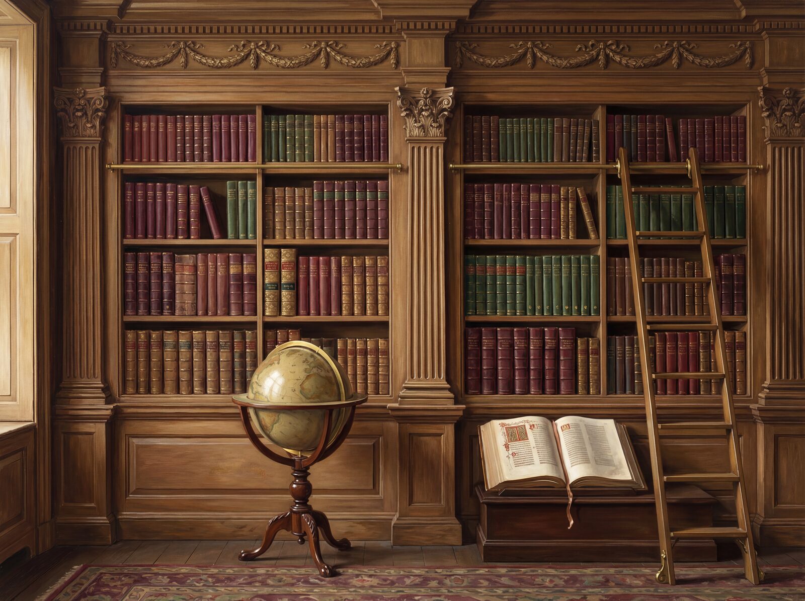 Scenic library mural with oak, leather, and gilt palette. Made to order.