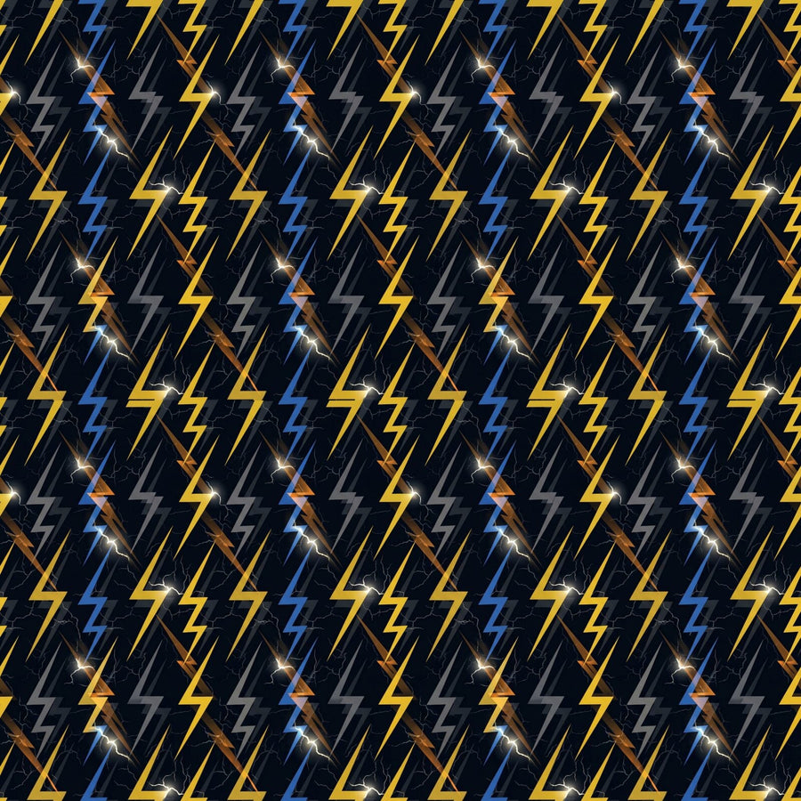 Dramatic lightning bolt mural in Storm Black, Electric Gold, and Ozone Blue. Made to order.