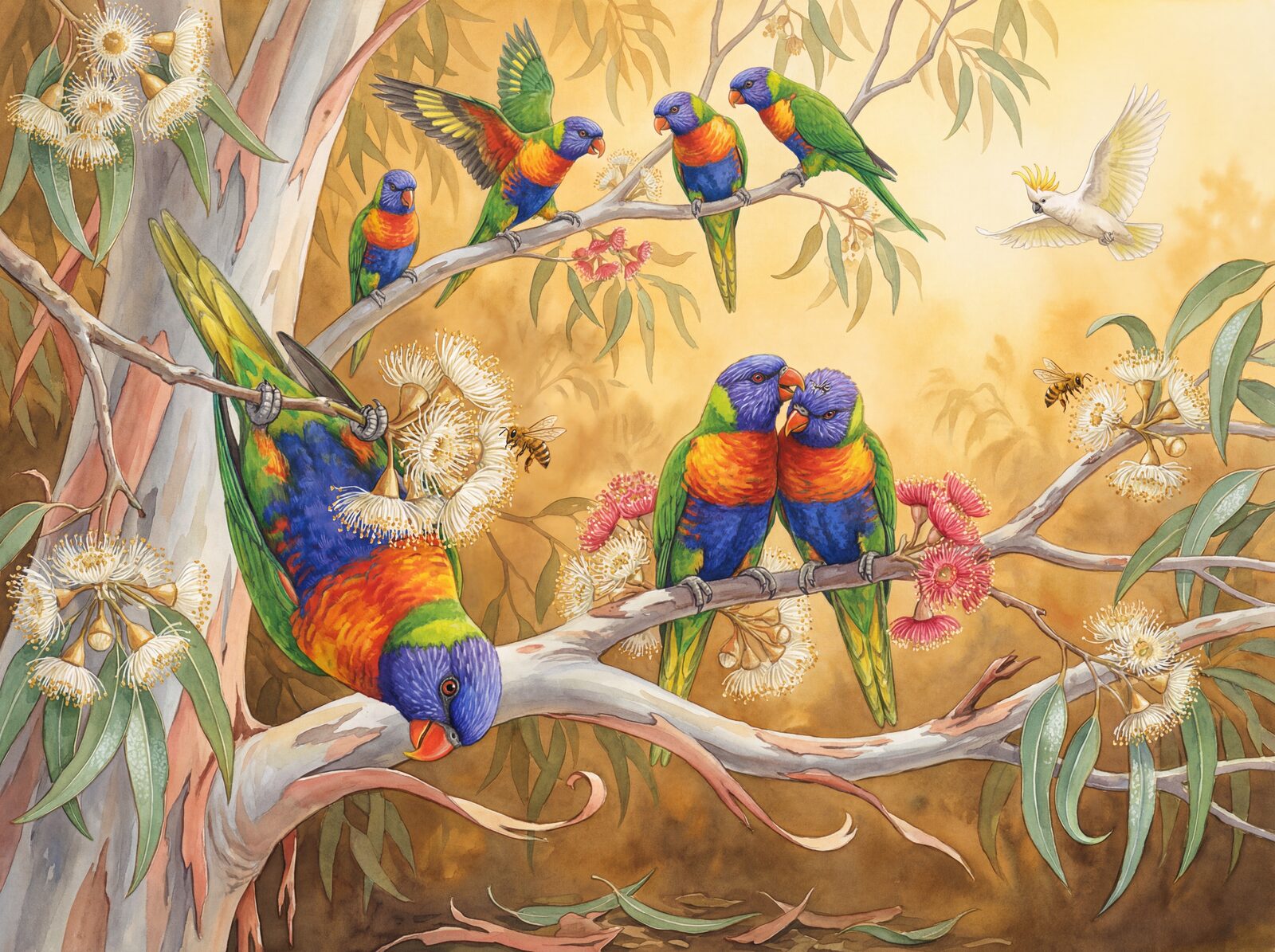 Vibrant lorikeet mural with Lorikeet Violet, Collar Lime, and Breast Orange. Made to order.