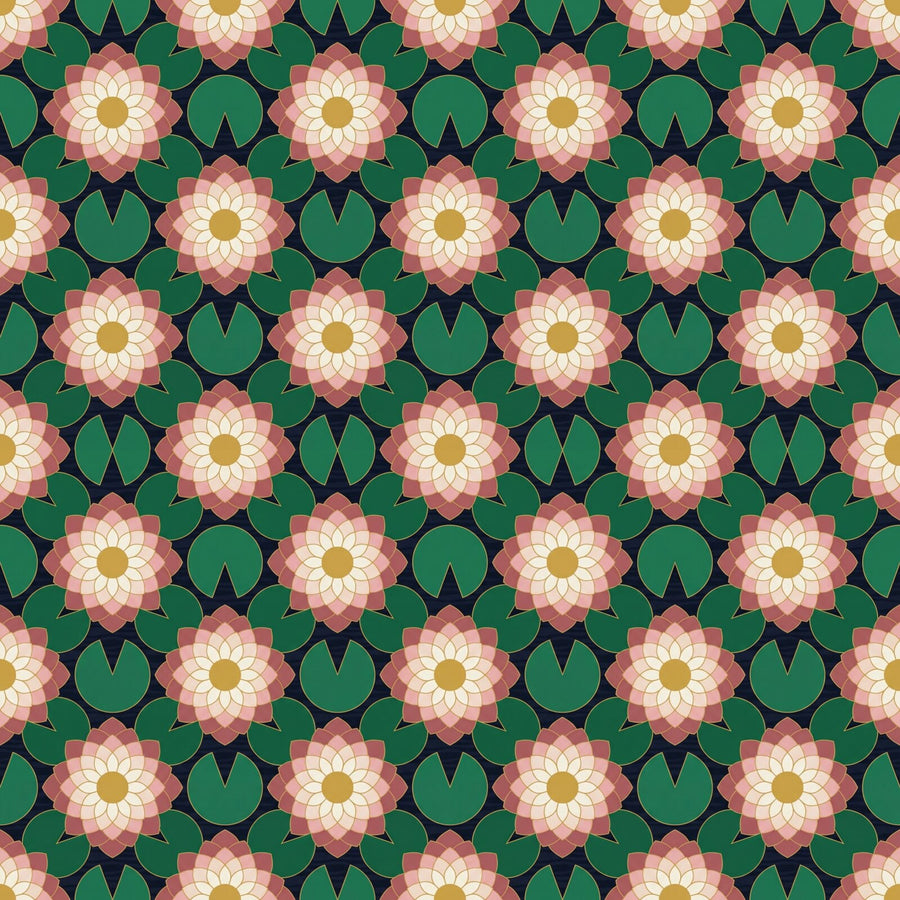 Heritage pattern mural with Dark Water, Lotus Pink, and Gold Centre. Made to order.