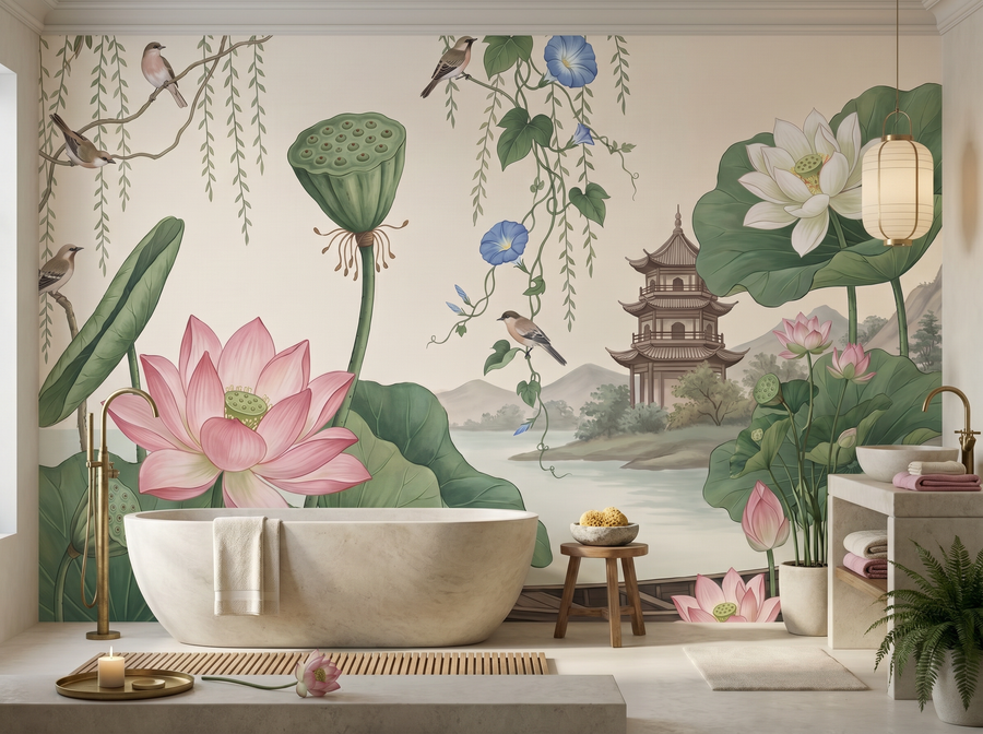 Lotus Pavilion — Chinoiserie Scenic Wallpaper Mural scenic wallpaper mural on the feature wall of an English-country living room, in a verdant green palette — The Wall Shawl.