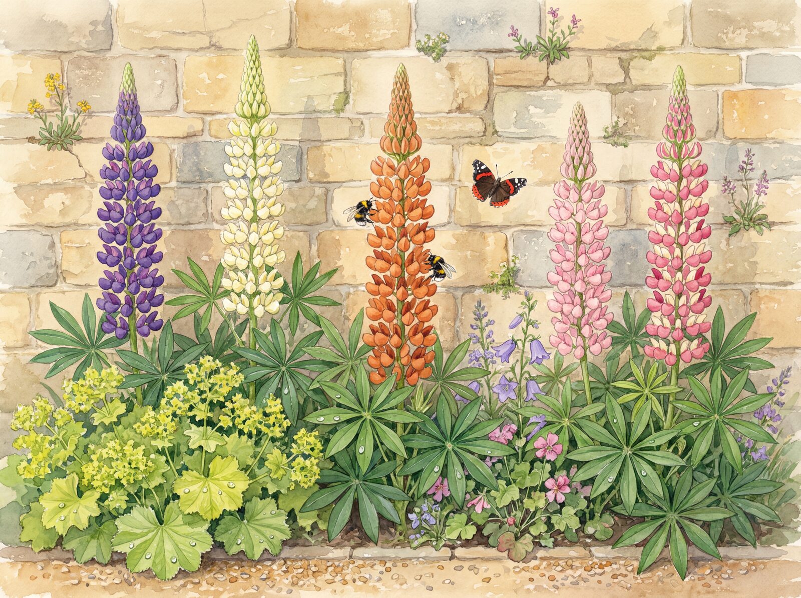 Vibrant lupin mural with Lupin Violet, Shell Pink, and Burnt Apricot hues. Made to order.