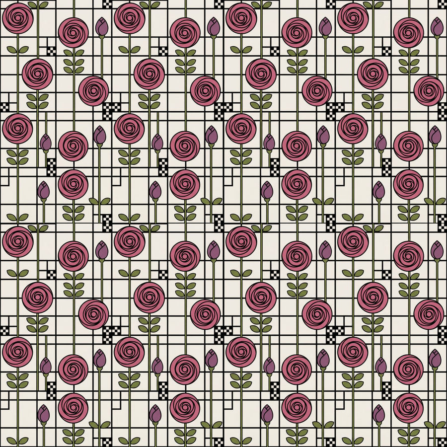 Step into the elegant world of Charles Rennie Mackintosh with our Mackintosh Rose mural, featuring an iconic geometric rose in pinks and purples. Made to order.
