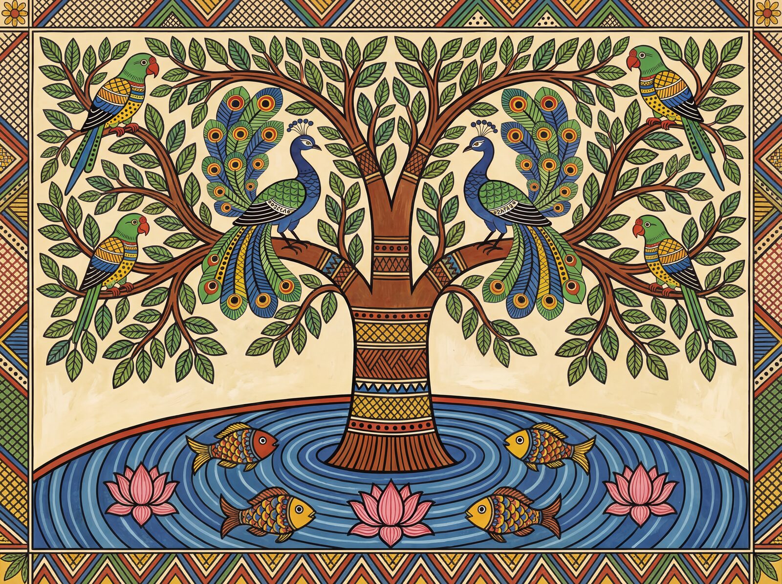 Immerse yourself in the vibrant Madhubani Forest, a tapestry of rich reds, deep blacks, and turmeric yellows. Made to order.