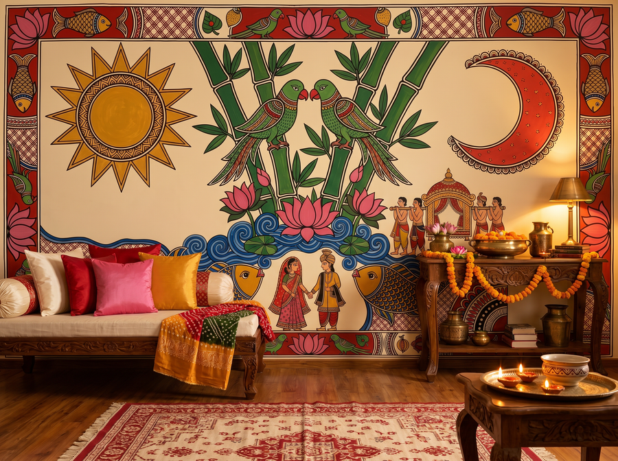 Madhubani Wedding scenic wallpaper mural on the feature wall of an eclectic bedroom, in a rich red-and-burgundy palette — The Wall Shawl.