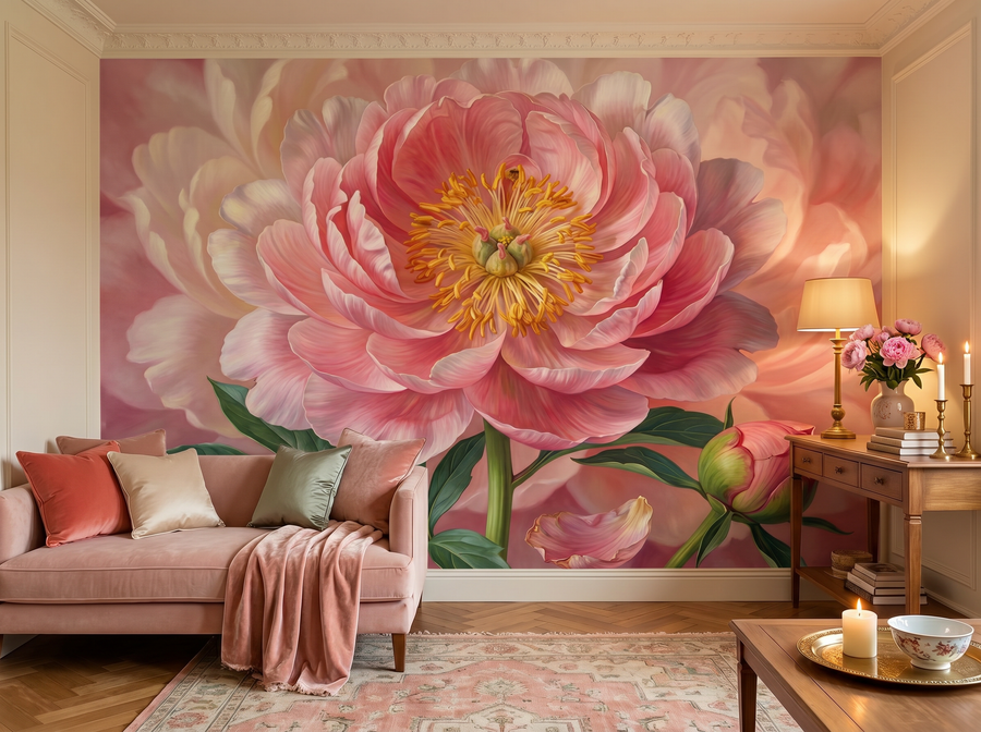 Magnified Peony scenic wallpaper mural on the feature wall of an English-country bedroom, in a soft grey palette — The Wall Shawl.