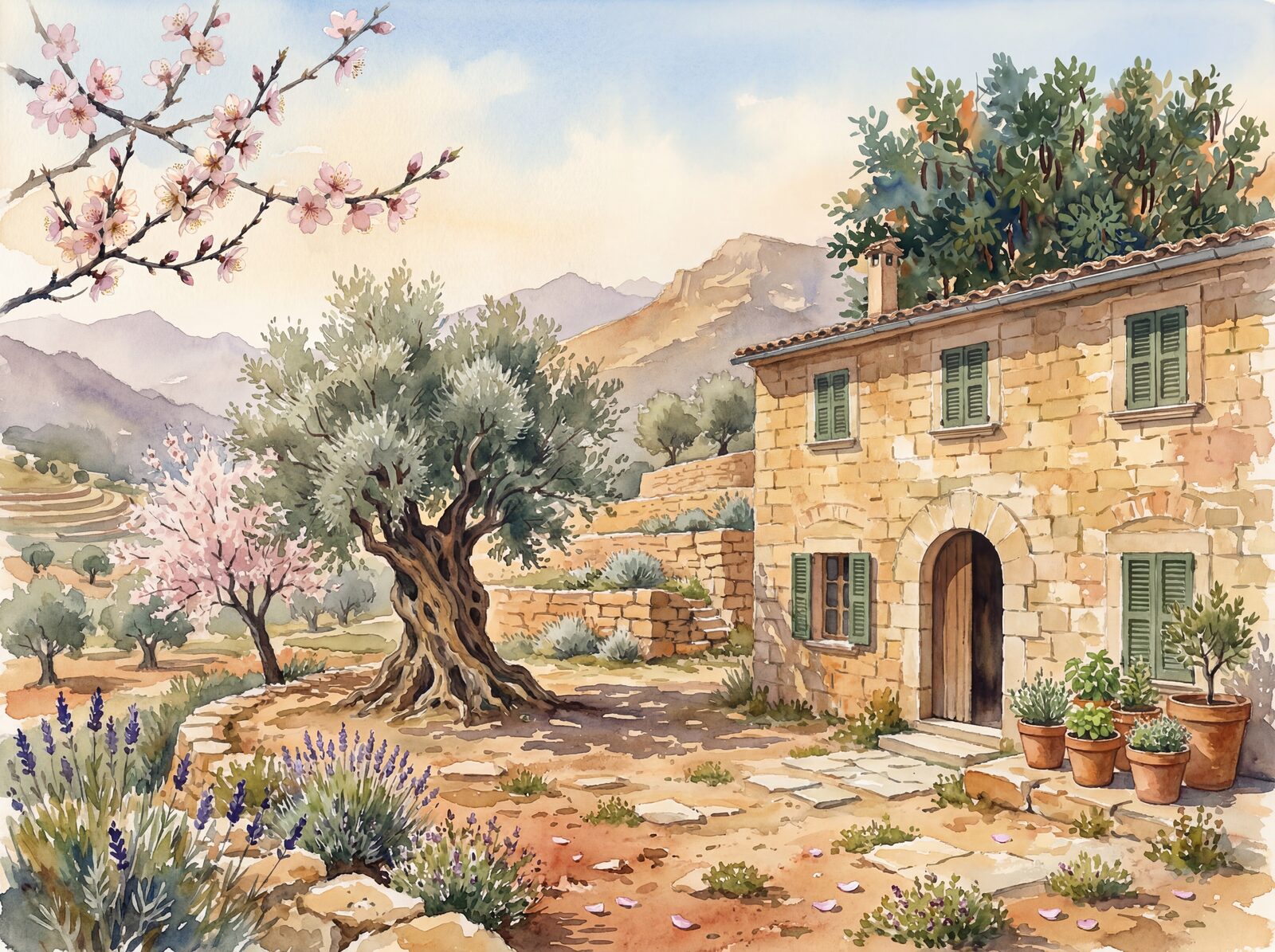 Scenic mural with Sandstone Gold, Olive Silver, and Almond Blossom hues. Made to order.