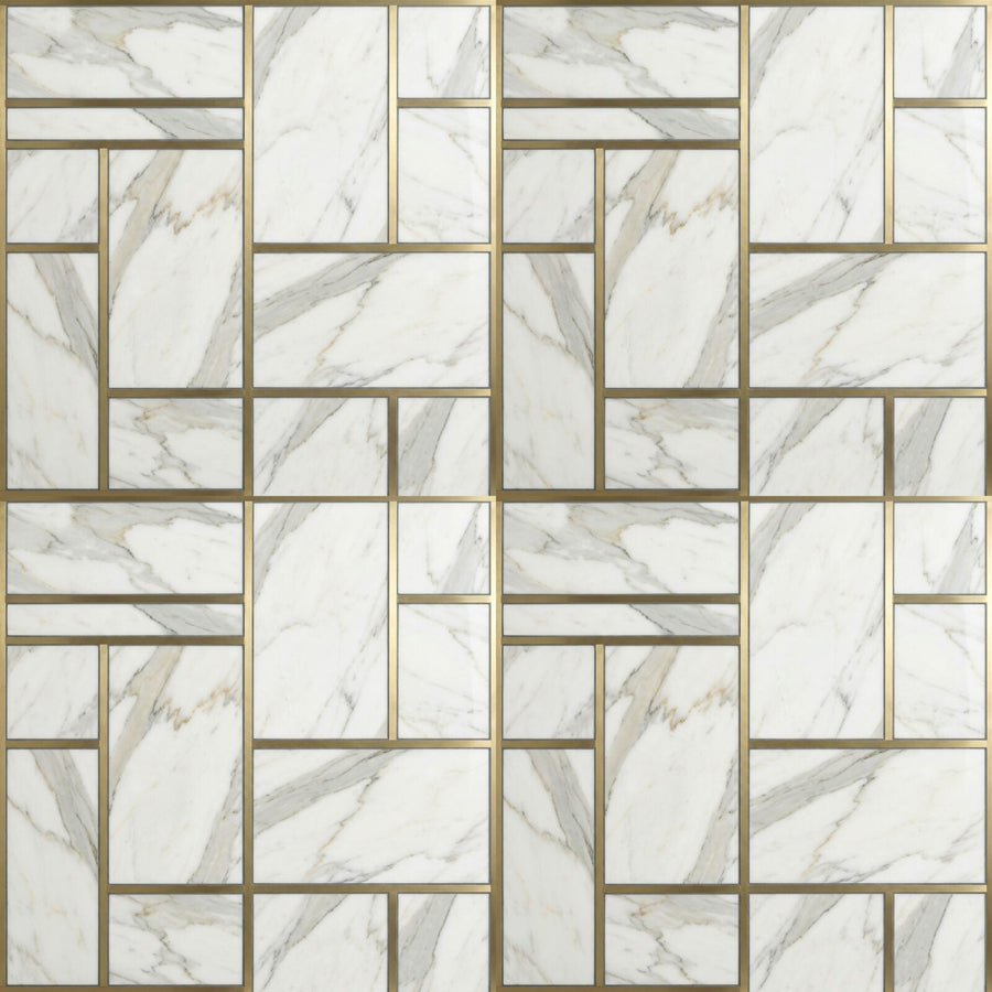Heritage pattern wallpaper featuring marble and brass. Palette: white, grey, gold, brass. Made to order.
