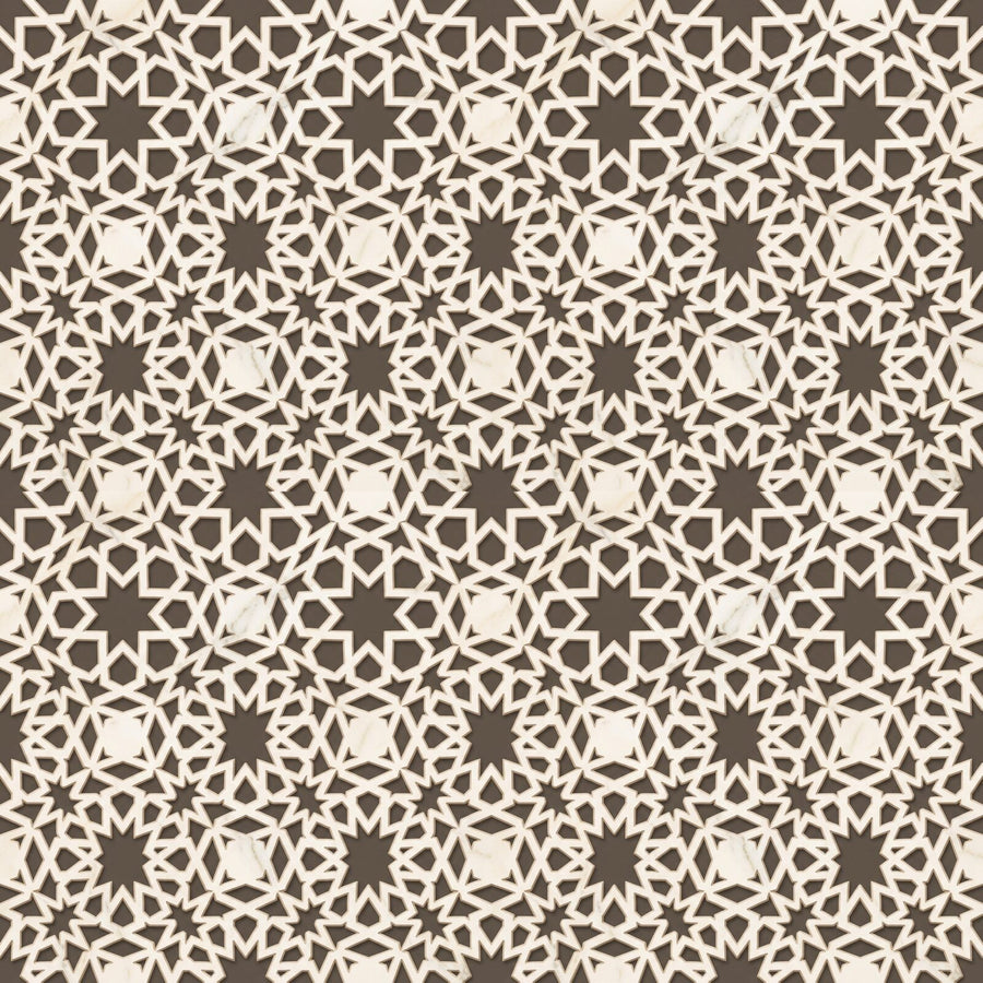 Experience the luminous geometry of a Mughal marble jali. Warm white, golden light, and garden green tones. Made to order.