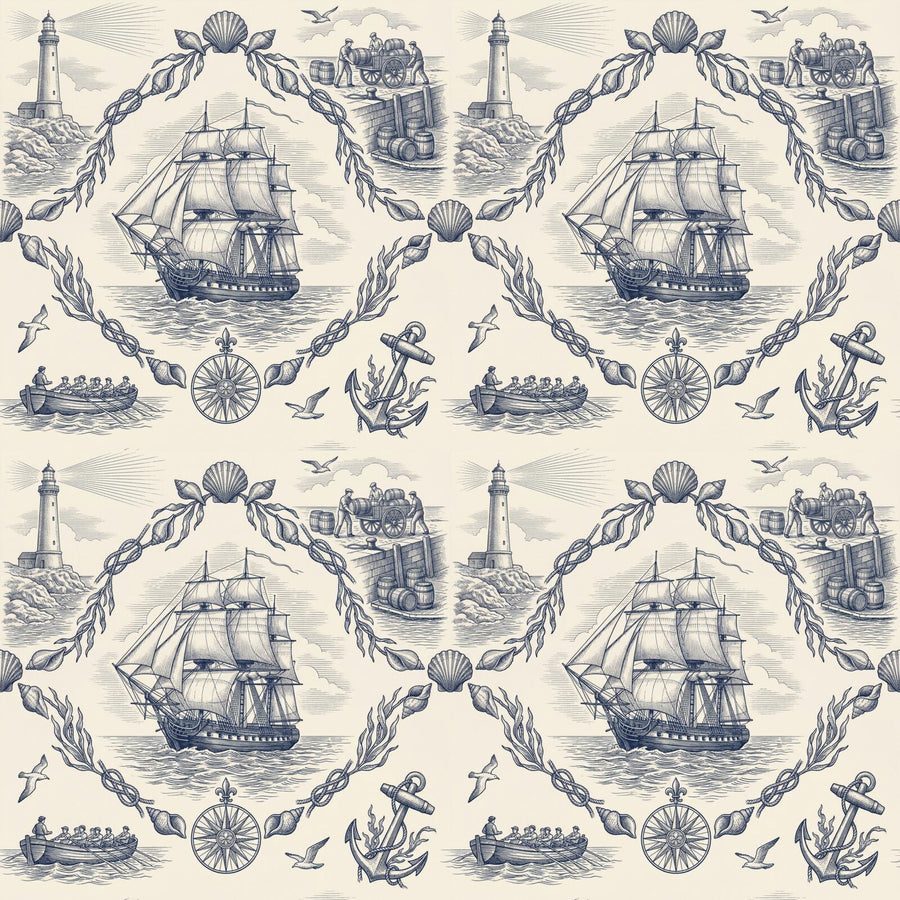 Experience the drama of the high seas with our Maritime Toile mural. Navy hues on French cream. Made to order.