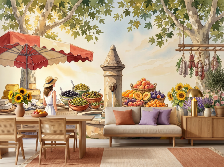 Market Day scenic wallpaper mural on the feature wall of a Hollywood-Regency kitchen, in a soft grey palette — The Wall Shawl.