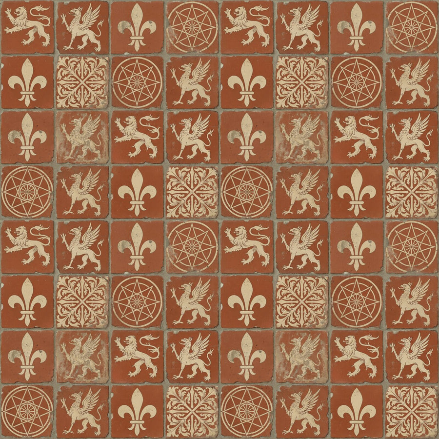 Step onto a 700-year-old English cathedral floor. Rich Tile Red, Slip White, and Worn Dark hues. Made to order.