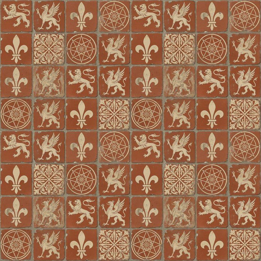 Step onto a 700-year-old English cathedral floor. Rich Tile Red, Slip White, and Worn Dark hues. Made to order.