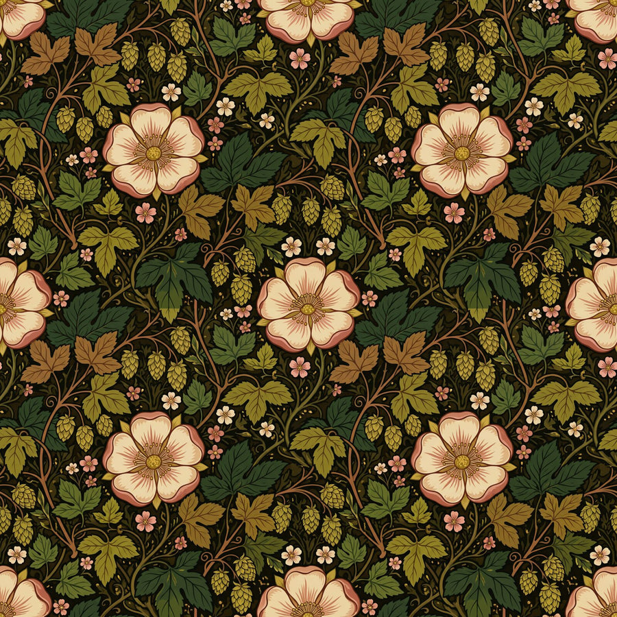 Immerse yourself in Medway Morris, an orchard-rich design in deep umber, blossom cream, and hop green. Made to order.