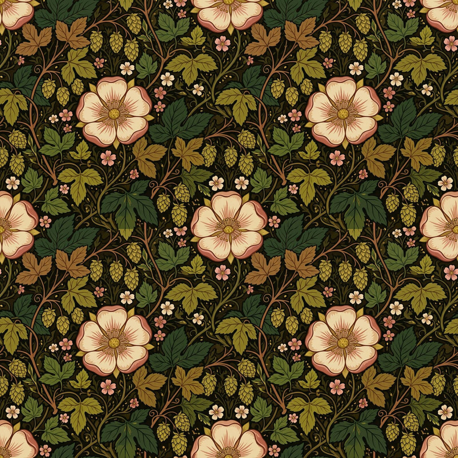 Immerse yourself in Medway Morris, an orchard-rich design in deep umber, blossom cream, and hop green. Made to order.