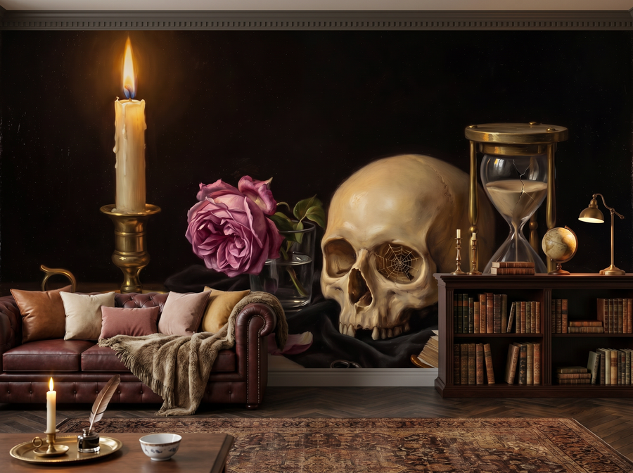 Memento Mori scenic wallpaper mural on the feature wall of a grandmillennial study, in a soft grey palette — The Wall Shawl.