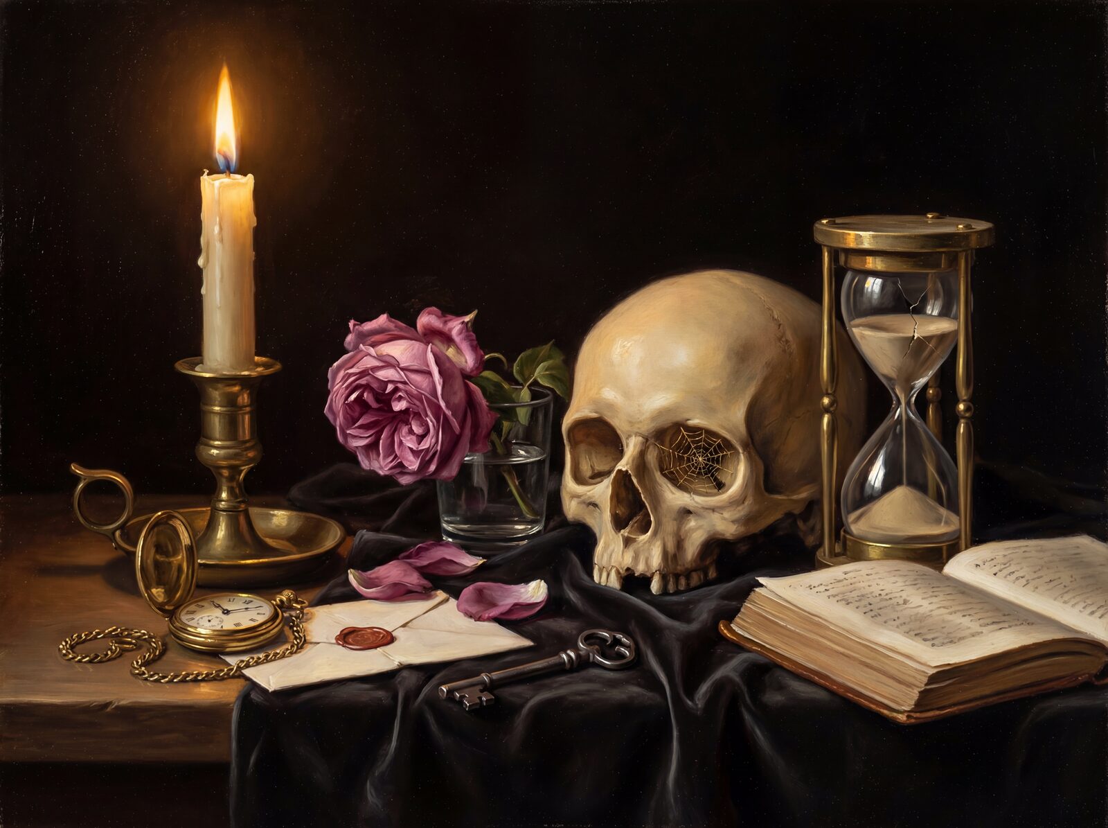 A profound vanitas still life featuring a skull, wilting rose, and hourglass in warm near-black, ivory, and amber tones. Made to order.