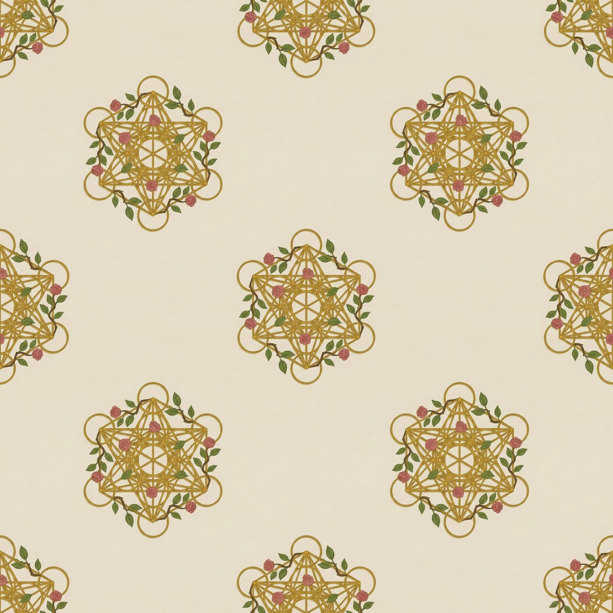Discover Metatron's Cube, a sacred geometry mural with a palette of Sage Cream, Geometric Gold, and Leaf Green. Made to order.