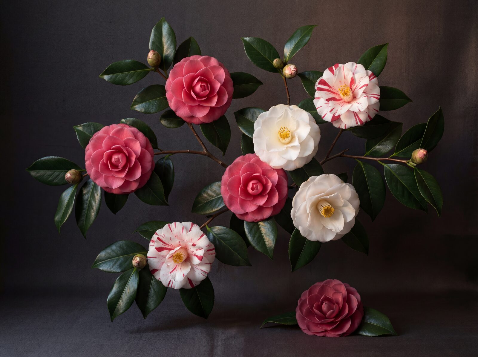 Experience the spare, reverent beauty of Midnight Camellia mural wallpaper, featuring deep rose-pink and warm white camellias against a charcoal silk ground. Made to order.