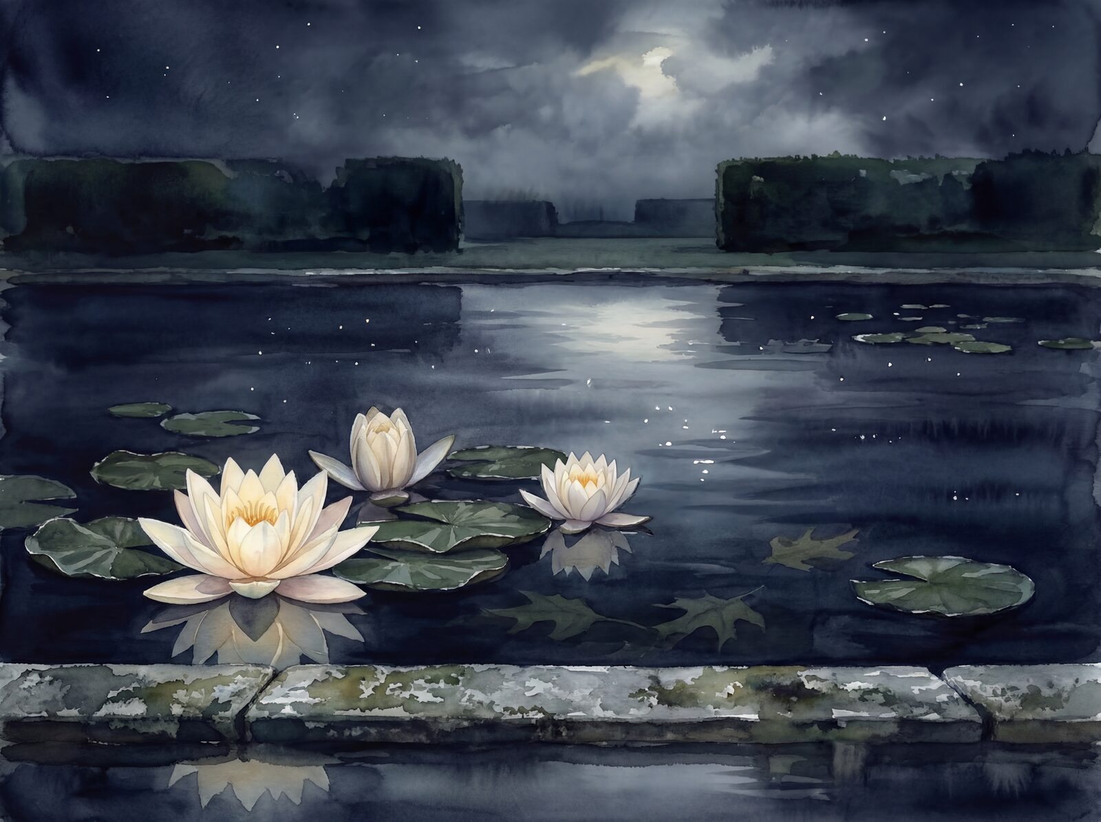 Scenic mural wallpaper featuring a dark reflecting pool, night-blooming flowers, and starlight, in shades of Pool Dark, Lily Pad, and Star Reflect. Made to order.