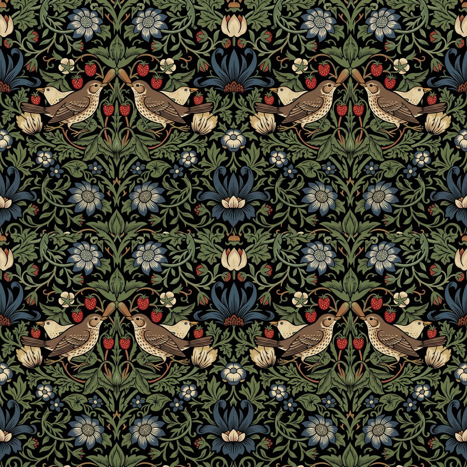 Experience the Midnight Strawberry mural: a rich, nocturnal reinterpretation of a beloved heritage pattern, featuring deep reds, warm browns, and near-black grounds. Made to order.