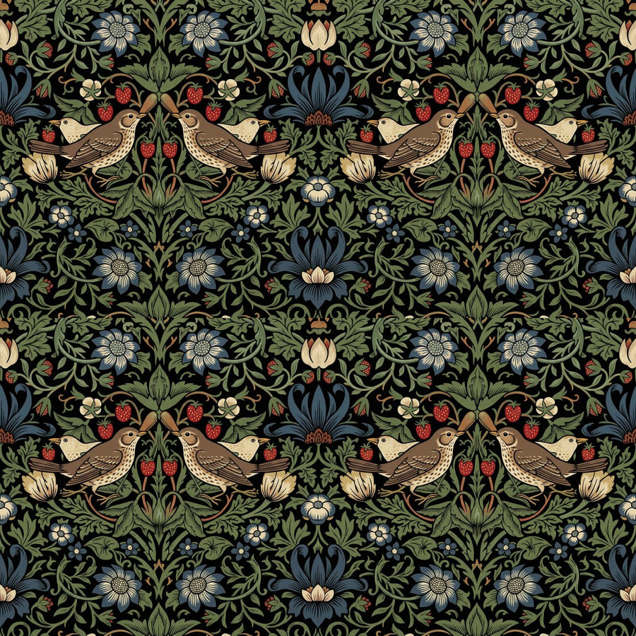 Experience the Midnight Strawberry mural: a rich, nocturnal reinterpretation of a beloved heritage pattern, featuring deep reds, warm browns, and near-black grounds. Made to order.