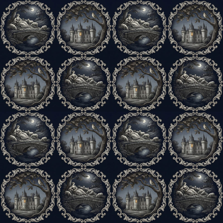 Experience romantic darkness with Midnight Toile, a heritage mural wallpaper in deep indigo and moonlight silver. Made to order.