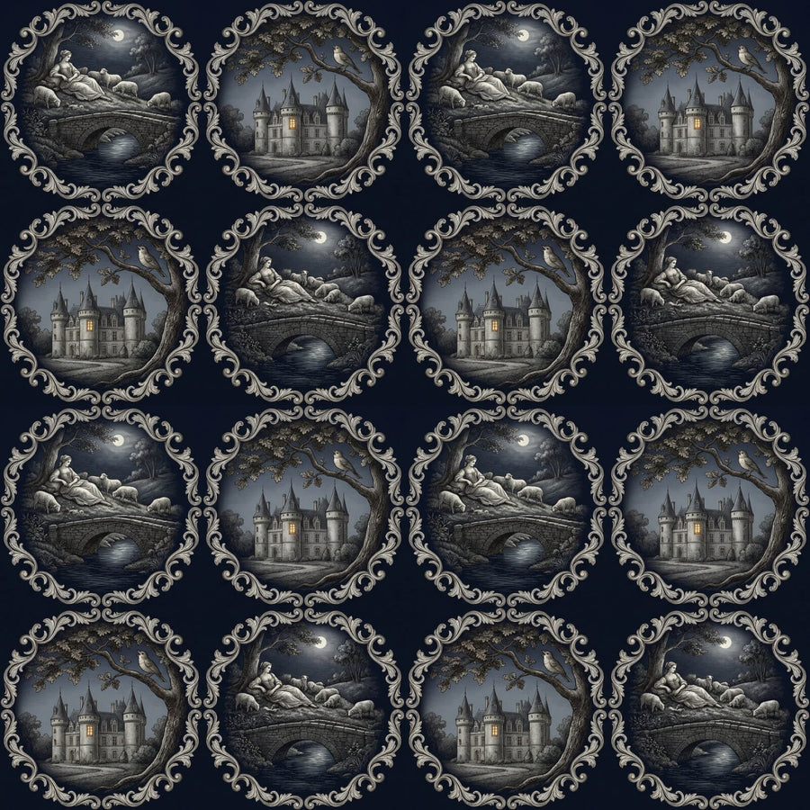Experience romantic darkness with Midnight Toile, a heritage mural wallpaper in deep indigo and moonlight silver. Made to order.