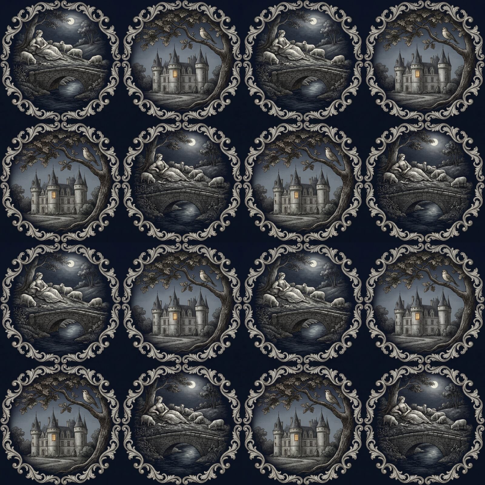 Experience romantic darkness with Midnight Toile, a heritage mural wallpaper in deep indigo and moonlight silver. Made to order.