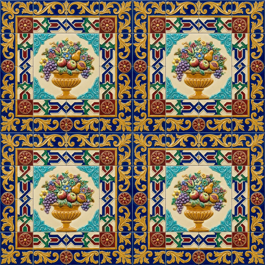 Opulent Minton Tile mural, a rich tapestry of cobalt blue, majolica green, and sang-de-boeuf reds. Made to order.