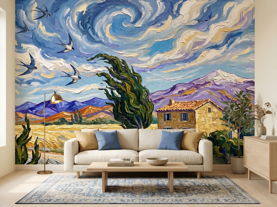 Mistral Cypress scenic wallpaper mural on the feature wall of a Mediterranean living room, in a moody black-and-charcoal palette — The Wall Shawl.