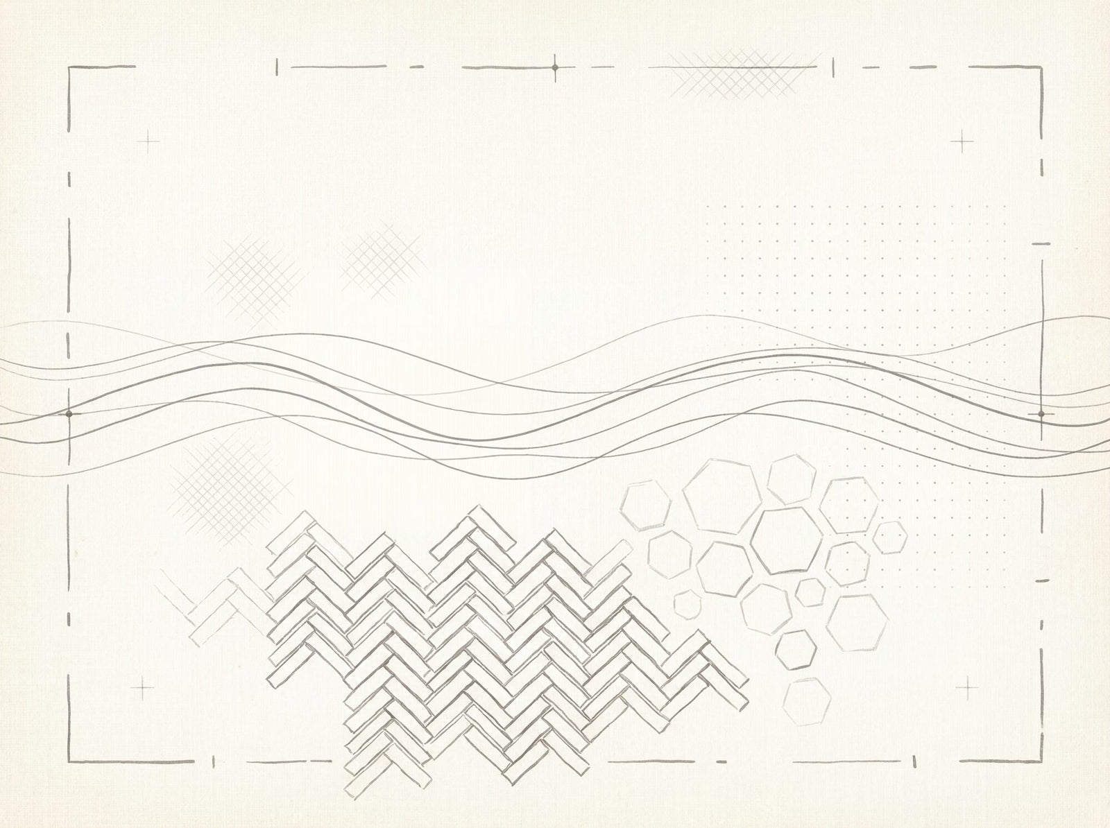 Minimal geometric mural wallpaper with hand-drawn herringbone blocks, organic hexagon clusters, flowing wave lines and a broken line frame in warm grey on an unbleached linen-textured ground