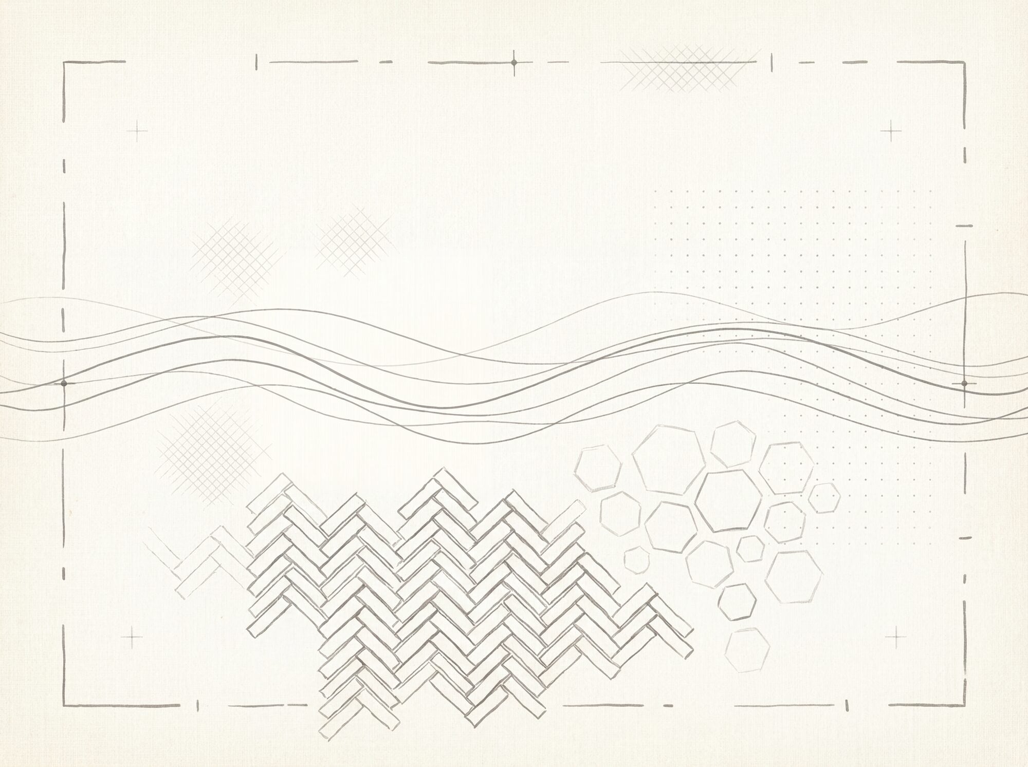 Minimal geometric mural wallpaper with hand-drawn herringbone blocks, organic hexagon clusters, flowing wave lines and a broken line frame in warm grey on an unbleached linen-textured ground