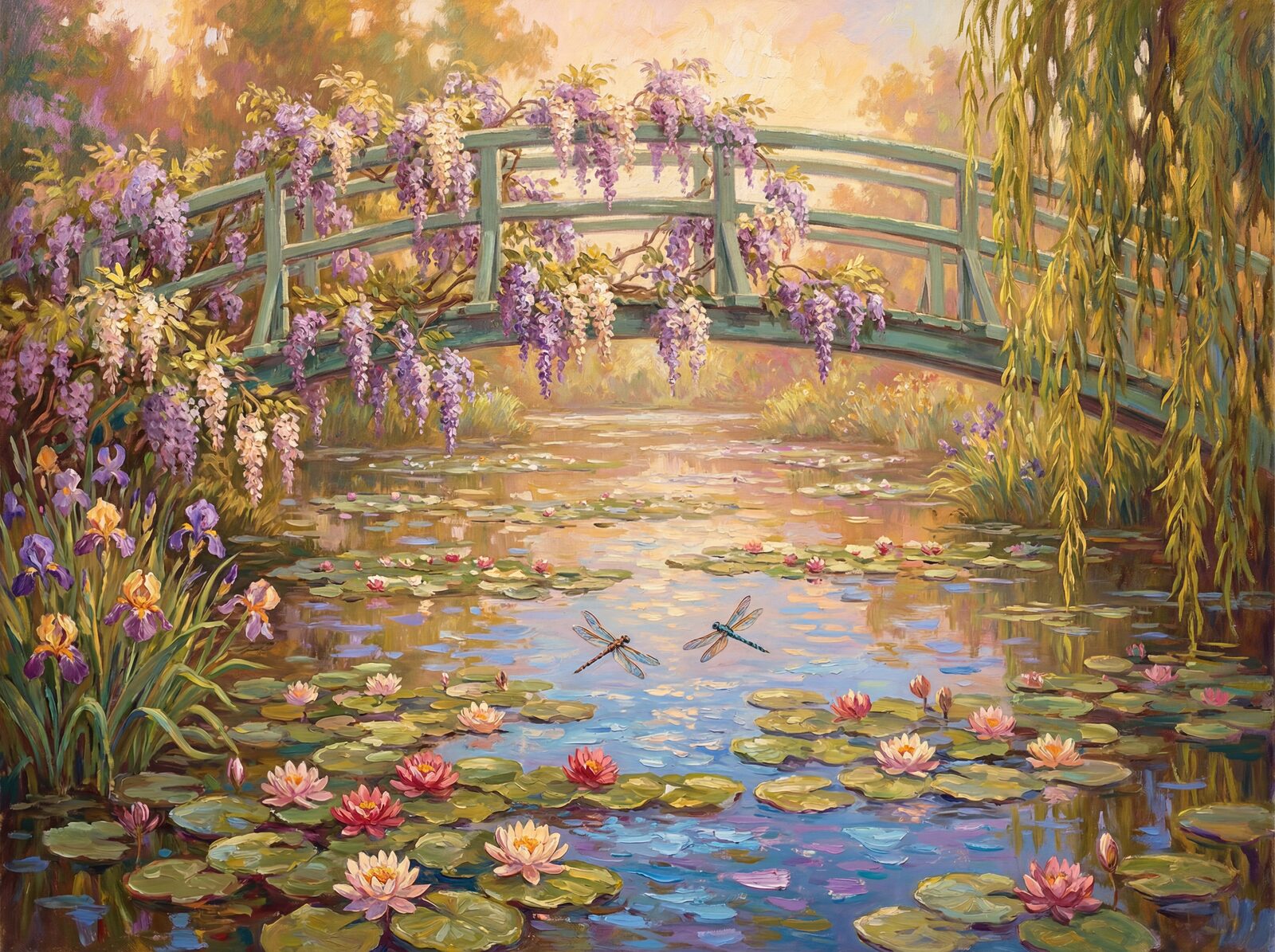 Scenic mural wallpaper with Giverny Cream, Lily Pad Green, and Wisteria Mauve. Made to order.